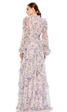 Blush print long ruffle formal dress with long sleeves. Simple And Elegant Dress, Puff Sleeve Gown, Designer Formal Dresses, Long Formal Dress, Sleeve Gown, Prom Girl, Ruched Bodice, Mac Duggal, Bishop Sleeve