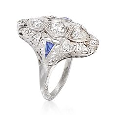 Ross-Simons - C. 1950 Vintage .50ct t. w. Diamond Filigree Ring, .12ct t. w. Synthetic Sapphires. Size 5.5. C. 1950. Quite popular among our Estate collection of treasures, filigree dinner rings are quintessential vintage favorites! This one hails from the Retro era, shining with .50 ct. t. w. round and round Old European-cut diamonds and a touch of rich sparkle from .12 ct. t. w. triangular synthetic sapphires. Finely crafted in polished 18kt white gold with signature filigree openwork througho Dinner Rings, Jewelry Sapphire, Sapphire Birthstone, Retro Era, 1950 Vintage, European Cut Diamonds, Filigree Ring, Vintage Diamond, Estate Jewelry