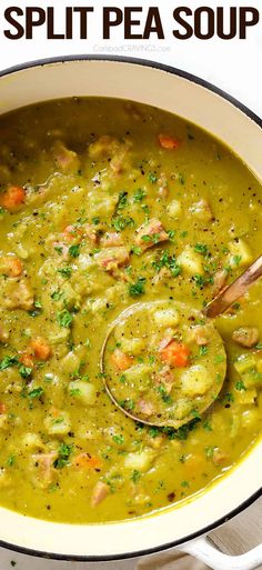 a bowl of split pea soup with a wooden spoon in it and the title overlay reads split pea soup