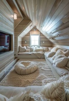 an attic bedroom with white bedding and pillows on the floor, along with a large window