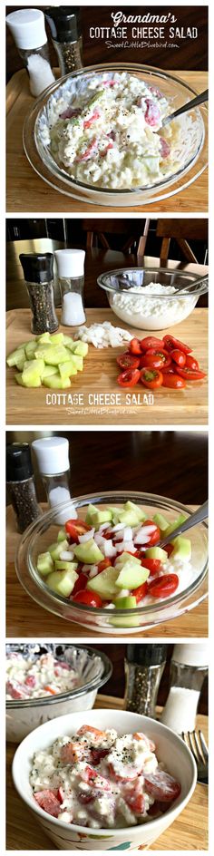 three pictures showing different types of food on plates