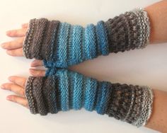 Fingerless Gloves Gray Black White Blue Arm Warmers Knit Soft Blue Arm Warmers, Knit Arm Warmers, Crochet Flowers Easy, Hand Gloves, Cozy Gift, Wrist Warmers, Crochet Flower Patterns