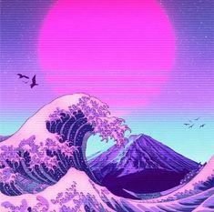 the great wave in pink and blue with birds flying over it, as the sun is setting