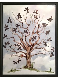 a painting of a tree with lots of leaves on it's branches and the sky in the background