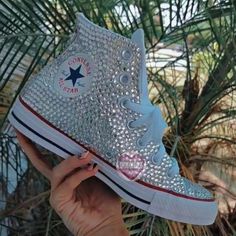 Custom Bling Converse Shoes Made By Bookerzbling**** Bottoms Of Shoes Could Be As Shown With Red And Blue Lines Or The All White Version If Your Size Isn't In Stock Anywhere Near Me :) (I Have 5 Stores I Go To) Regardless They Are High Top White Converse Shoes With Bling! These Are Listed In Womens Sizing As Shown Below! Even Though All Customs Are Made With Great Quality Materials, Wear And Tear Are Bound To Happen. On The Shoes, I Use Rhinestones And An Industrial Adhesive Glue, So Shoes Are D Bling Converse Shoes, Bedazzled Converse, Converse Chuck Taylor Leather, All Black Converse, White Converse Shoes, Bedazzled Shoes, Bling Converse, Converse Shoes Womens, Custom Bling