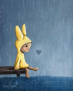 a painting of a little bunny sitting on a dock in the rain with a heart