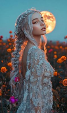 a woman with long hair standing in a field full of flowers and the moon behind her