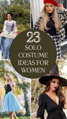 women wearing costumes and hats with text overlay that reads 23 solo costume ideas for women