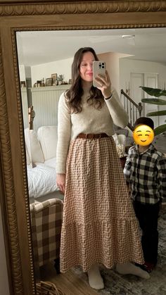 Browb gingham subdress, cropped sweater, brown belt, ruffle socks Bedroom Shiplap Accent Wall, Grandma Core Outfit, Bedroom Shiplap, Sahm Wardrobe, 2025 Style, Church Outfit Ideas, Boring Work, Brown Gingham, Ruffle Socks