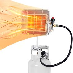 a propane heater with an orange flame coming out of it's side