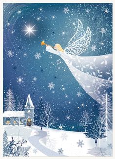 a christmas card with an angel flying through the sky over a snow covered village and trees