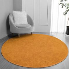 an orange rug in a living room with a chair and potted plant on the floor