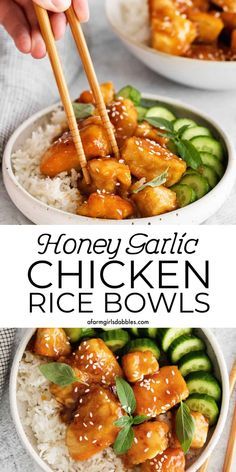 honey garlic chicken rice bowls with chopsticks