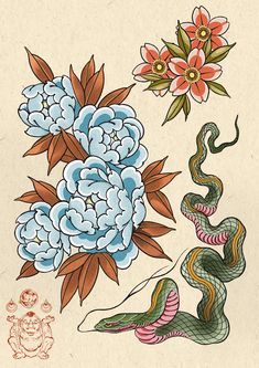 an image of flowers and snakes on a piece of paper