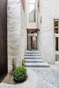 an alley way with steps leading up to the building's front door and windows