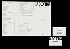 the menu for la bottega is shown in black and white, with an orange dot