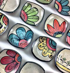 several colorful glass bowls with flowers painted on them and the words, 2017 knowledge clinic at highwater clays of florida