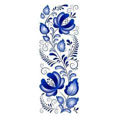 a blue and white flower design on the side of a wall