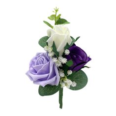 Combined postage, £2.95 UK delivery on all orders from Petals Polly. Please add all items to your basket and postage will automatically adjust on checkout.  Purple, lilac and ivory triple rose buttonhole / corsage made with quality artificial roses finished with eucalyptus, gypsophila and greenery. Ideal for ladies corsages, grooms, best mans and gents buttonholes. We can make a complete matching range in this design and colour. All of our buttonholes and corsages are supplied with a diamante pi Wedding Flowers Purple, Cadbury Purple Wedding, Rose Buttonhole, Teardrop Bouquet, Bridesmaid Bouquet White, Artificial Wedding Flowers, Wedding Flowers Roses, Cascading Wedding Bouquets, Artificial Wedding Bouquets