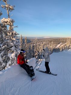 two people on skis sitting in the snow