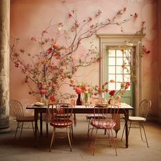 a dining room with pink walls and flowers painted on the wall behind the table, along with four chairs