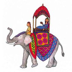 two people riding on the back of an elephant with a colorful blanket and seat cover