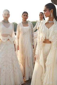 Ivory pre-draped saree with pearl border embroidered blouse. Paired with pearl, sequin embroidered jacket. - Aza Fashions Ridhima Bhasin, Organza Embroidery, Saree Style, Punjabi Outfits, Outfits Woman, Anita Dongre, Desi Clothes, Designer Outfits, Embellished Blouse