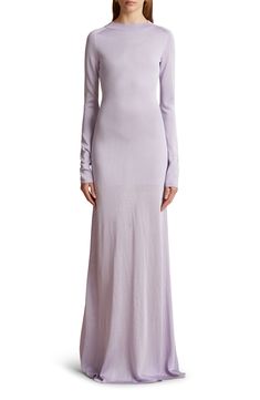 Silky viscose yarns bring elegant shine and fluid drape to this long-sleeve knit dress cut in a figure-skimming silhouette terminating in a floor-pooling hem. 60" length (size Medium) Slips on over head Crewneck Long sleeves Unlined 100% viscose Dry clean Imported Designer Clothing Lavender Maxi Dress, Purple Knit Dress, Knit Maxi Dress, Grey Maxi Dress, Maxi Jersey Dress, Long Sleeve Knit Dress, Maxi Knit Dress, Long Sleeve Maxi, Maxi Dress With Sleeves