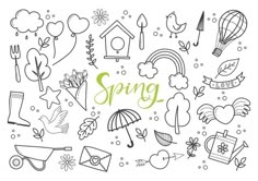 the word spring surrounded by hand drawn doodles