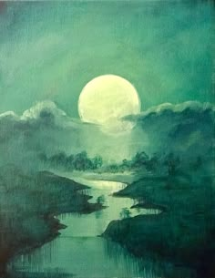 an oil painting of a river at night with the moon in the sky above it