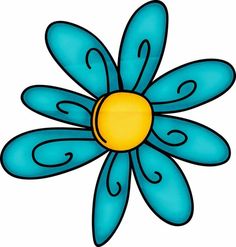 a blue and yellow flower with swirls on the petals is shown in this drawing