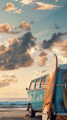 an old vw bus parked on the beach with a surfboard leaning against it