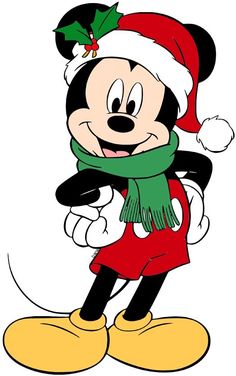 a cartoon mickey mouse wearing a santa hat and scarf with a holly wreath on it