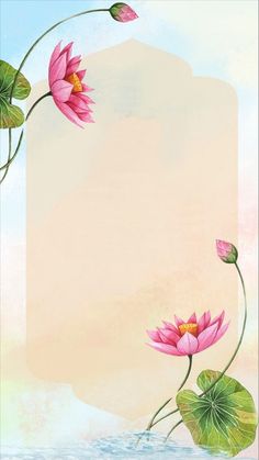 water lilies and green leaves on a pink background with an empty sign in the middle