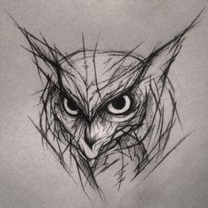 an owl's head is drawn in black and white with sharp lines on it