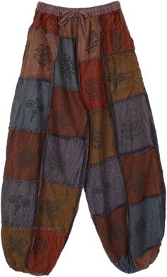 Deep-colored, casual, and stylish, these boho pants with side pockets are perfect for your next adventure! The patchwork style has a harmonious combination of dark shades of brown and red, etc. The elastic drawstring waist ensures comfort, and the loose pants have assorted hippie-style symbols which look unique. #tlb #SplitSkirtsPants #Patchwork #Yoga #Patchworkharemcottonpants #hippiecottonpants Casual Brown Patchwork Pants, Festival Brown Patchwork Bottoms, Hippie Style Brown Festival Bottoms, Hippie Style Brown Bottoms For Festival, Brown Hippie Bottoms For Festival, Brown Patchwork Pants For Fall, Bohemian Brown Pants With Pockets, Bohemian Brown Cotton Pants, Brown Casual Pants For Festivals