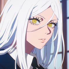 an anime character with long white hair and yellow eyes looking at something in the distance