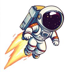 an astronaut is flying through the air with a rocket in his hand and holding on to it