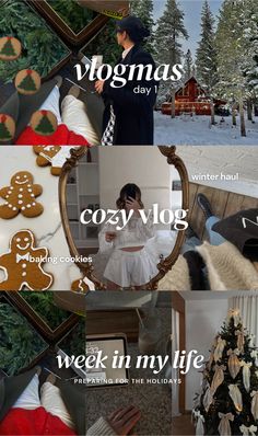 a collage of photos with gingerbreads, cookies and words that read cozy vlogg