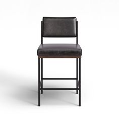 an upholstered bar stool with a leather seat and backrest, viewed from the front