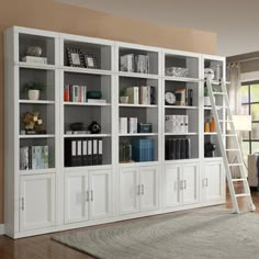 a living room with a ladder leaning against the bookcase and books on it's shelves