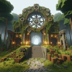 a large clock in the middle of a forest filled with lots of plants and rocks