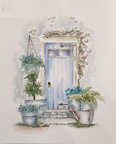 a watercolor painting of a blue door and potted plants