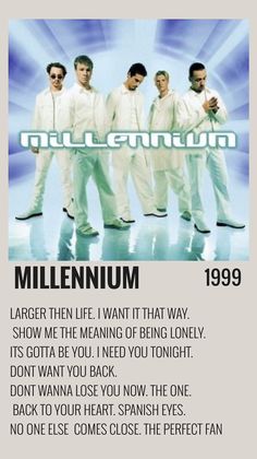 an advertisement for the movie millennium, featuring four men in white suits and one man with sunglasses