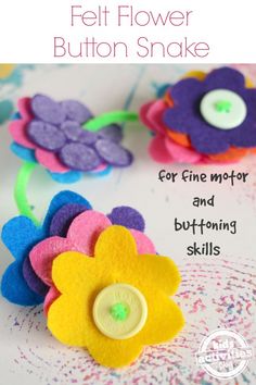 felt flower button snake for fine motor and buttoning skills with text overlay that says felt flower shake