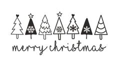 christmas trees with snowflakes on them and merry lettering in black ink against a white background