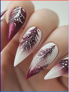 Christmas Nail Art Stiletto, Winter Tree Nail Art, Yule Nail Art, Nude Christmas Nail Designs, Christmas Tree Nails Designs, Pine Tree Nails, Xmas Tree Nails, Almond Shape Christmas Nails, Christmas Stilleto Nails