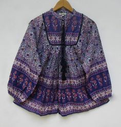 "ITEM DESCRIPTION gorgeous boho look printed cotton blouse and tops - long sleeve summer ethnic wear blouse - band round neckline women blouse tops Features : Long sleeve, split neck, Blouse Material : Cotton cambric Fabric: 100% cotton soft light weight ethnic print fabrics Sleeve Length = 22 inch For more sizes & their measurement, please refer our below chart to understand the sizes variations available with us For your size requirement, please mention your size in seller note at the time Indian Maxi, Crop Top Design, Bohemian Tunics, Mode Hippie, Crop Top Designs, Short Blouses, Casual Indian Fashion, Hand Embroidery Projects, Blouse Long Sleeve