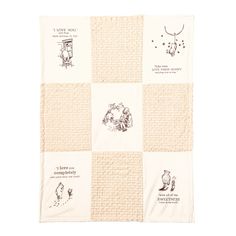 the winnie the pooh baby blanket is made with white and beige checkered fabric