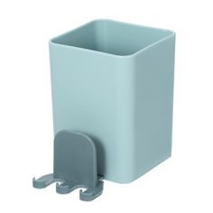 a light blue square container with a plastic holder attached to the front and side of it